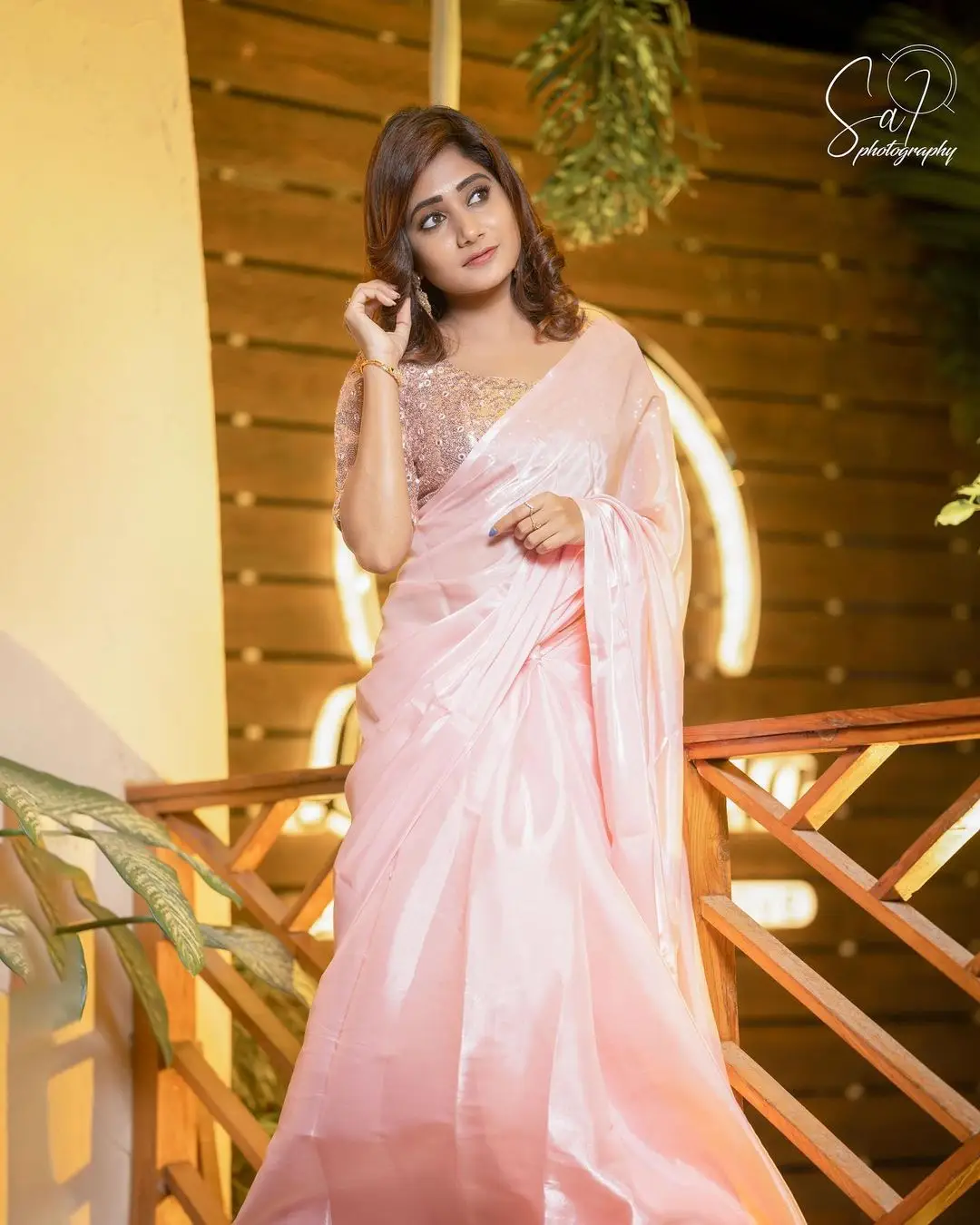 Vasanthi Krishnan Wearing Pink Saree Blouse